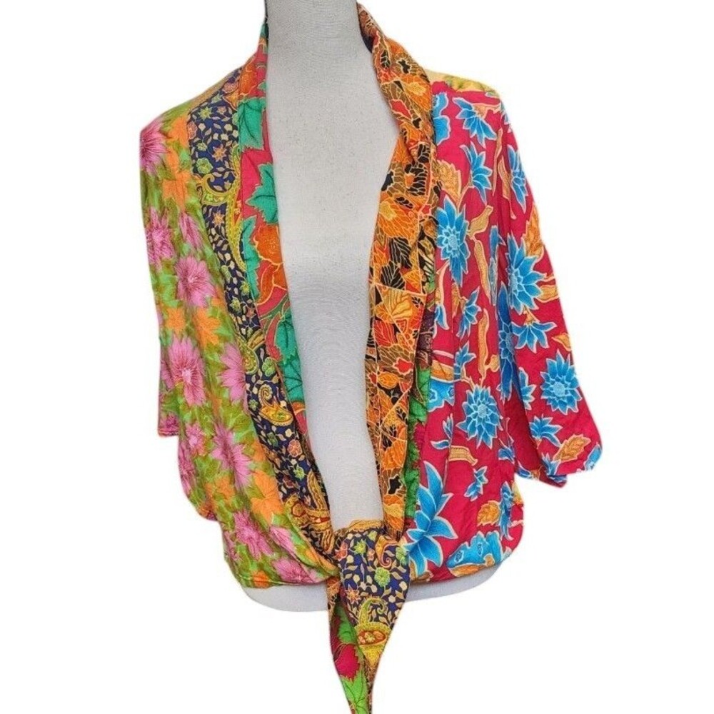 Tie-Front Boho Kimono Top Batik Rayon Whimsigoth Free Size Open Front